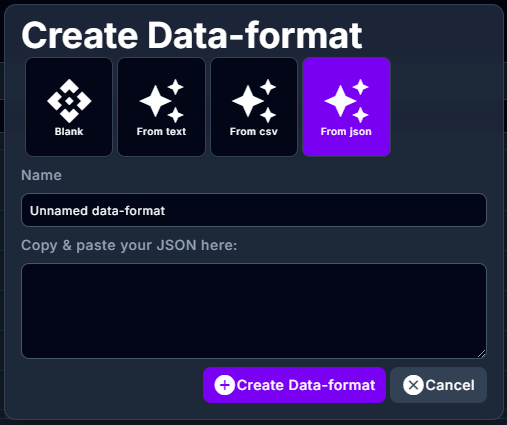 Create data format using JSON